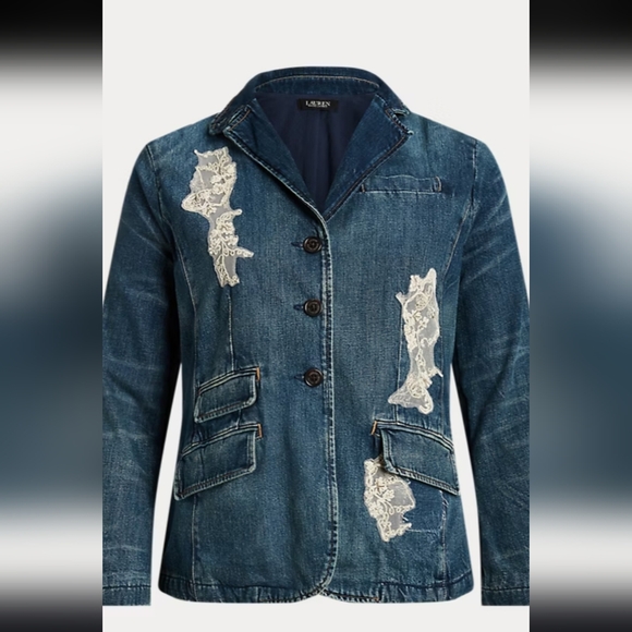 NWT Lauren RL Blue Lace Patchwork Indigo Denim Buttoned Jacket 16W - Picture 3 of 9